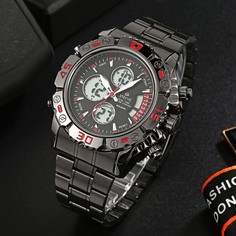 STRYVE multi-funcional de los hombres de acero inoxidable de doble movimiento reloj electrónico impermeable casual de sincronización reloj luminoso S8018