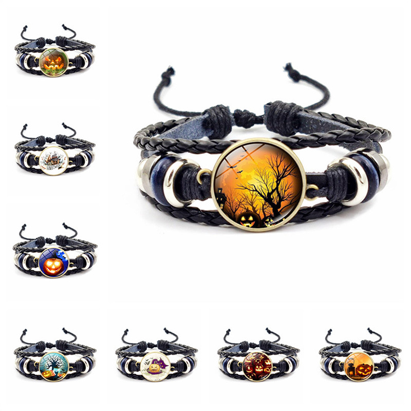 Vintage Bronze Halloween Braided Bracelet With Time Gems Design_voghion.com