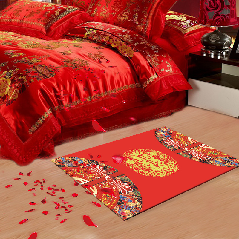 批發結婚地毯婚房門口布置用品喜慶紅色婚慶喜字門墊臥室床邊腳墊