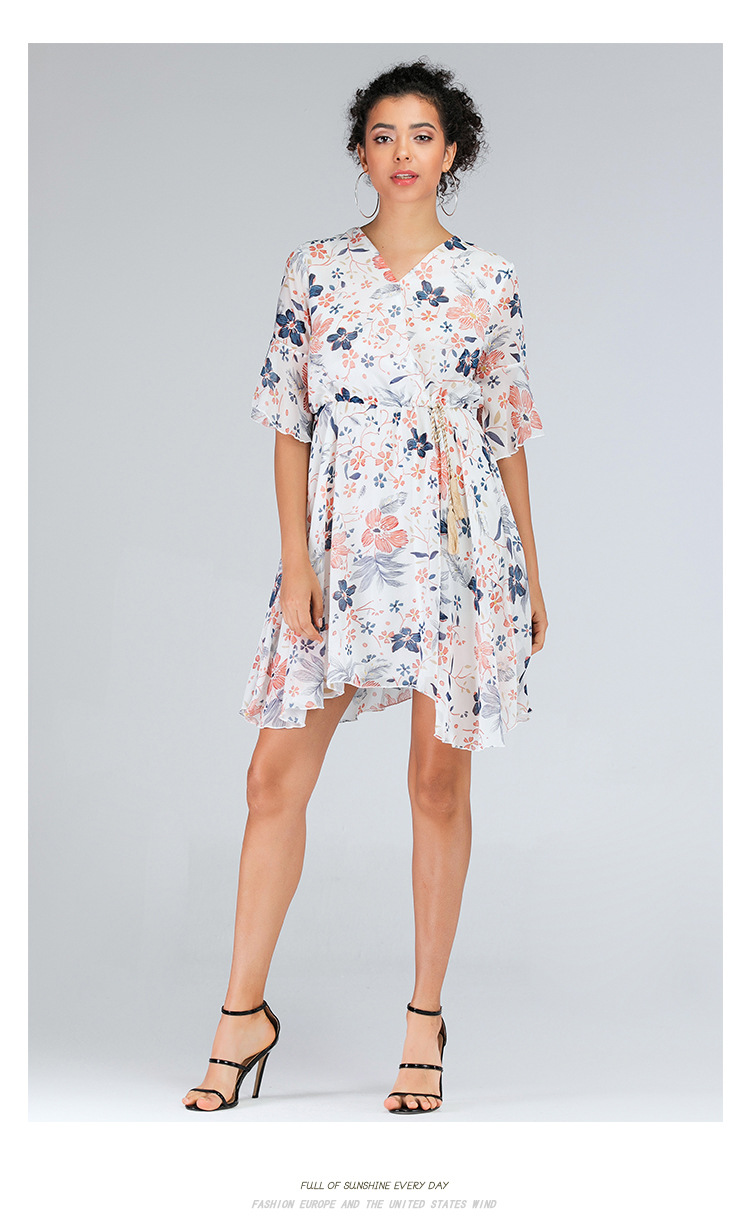 Small Floral V-Neck Chiffon Short Sleeve Dress NSJR36793