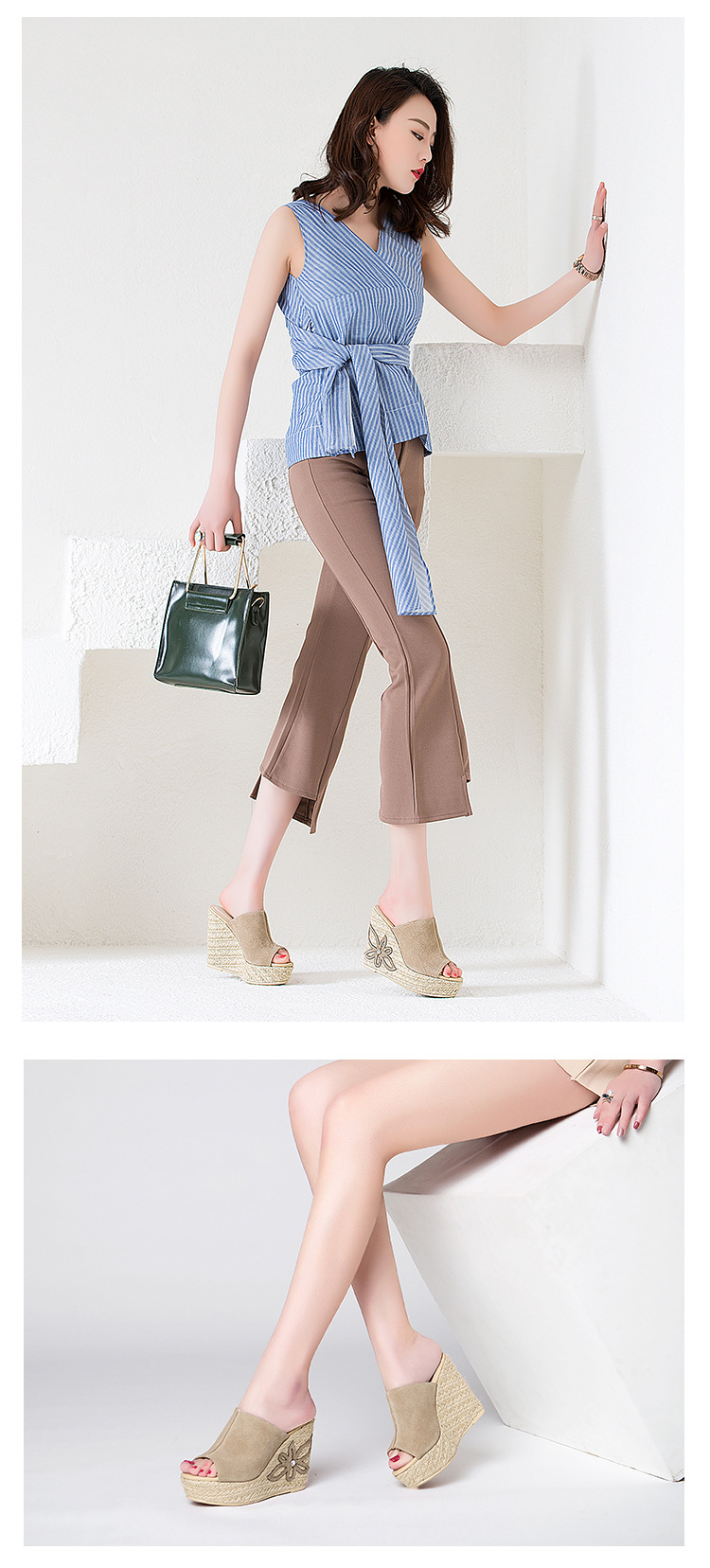 Dép cao gót nữ đế xuồng da bò mới, sandal quai ngang gót dày đi chơi — Màu camel chi tiết 17