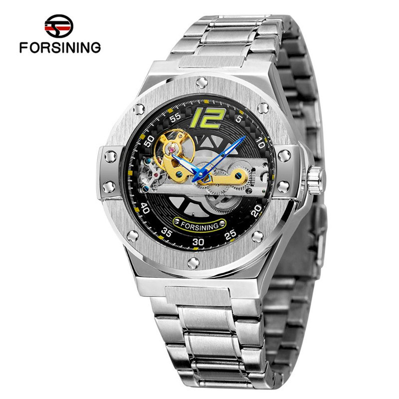 Forsining Fusini correa de acero de los hombres casual reloj mecánico automático transparente inferior hueco motocicleta reloj 897