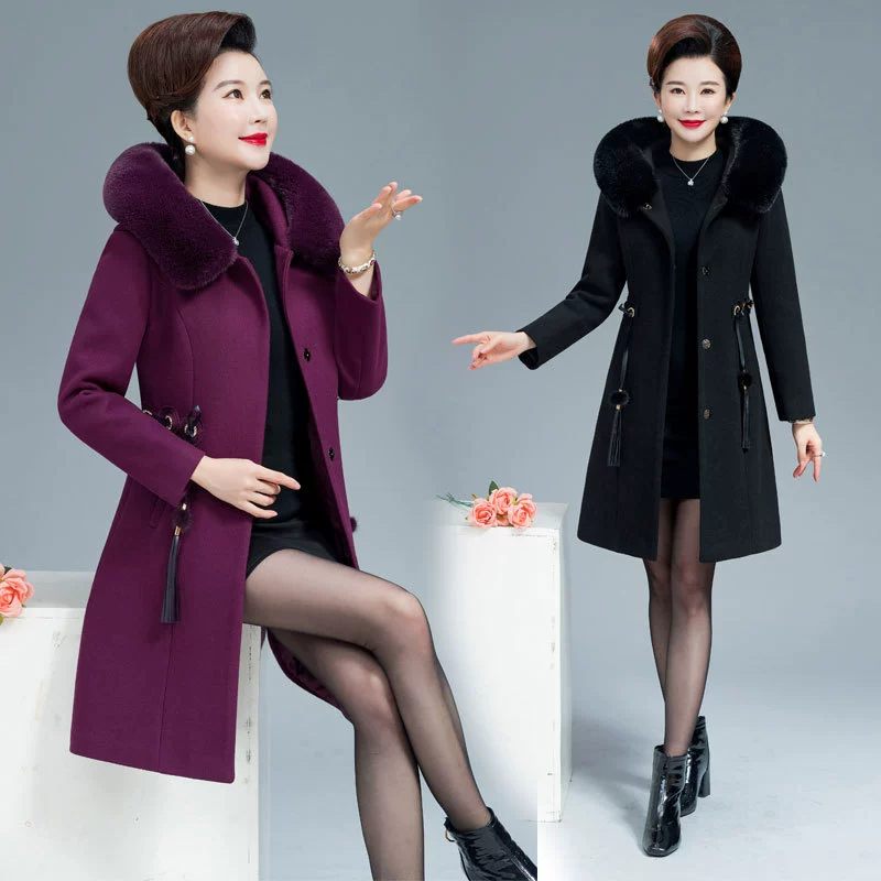 Д demi-season down jacket for mother, long woolen coat, increased thickness, for middle age, mid-length