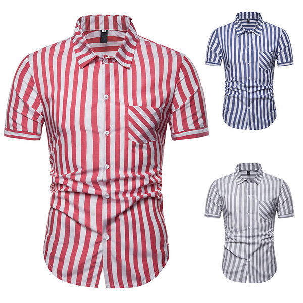 Fashion Coarse Stripe Short-sleeved Men’s Turn-collar Shirts  