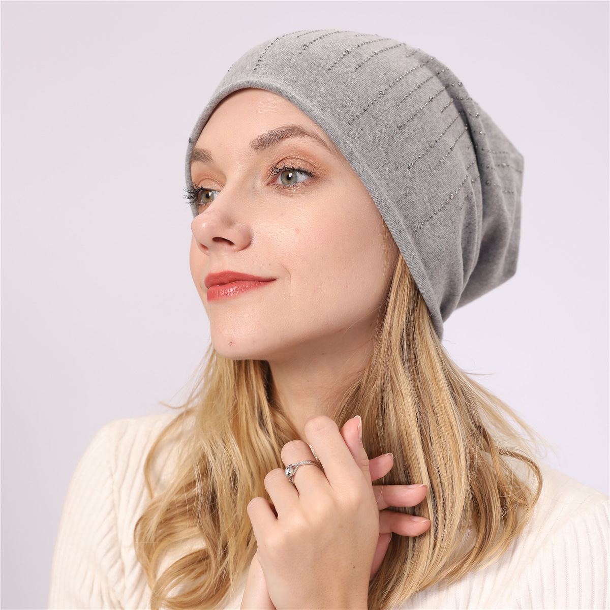 M965 nouveau automne/hiver Couple pull Double couche Imitation cachemire chaud diamant coton tissu chaud clair de lune chapeau_voghion.com