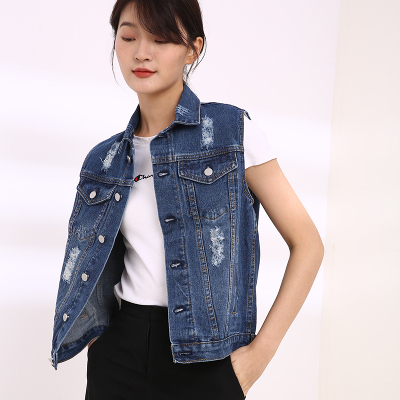 春季新款大碼牛仔破洞馬甲胖妹妹外套200斤休閑無袖上衣 AS9038