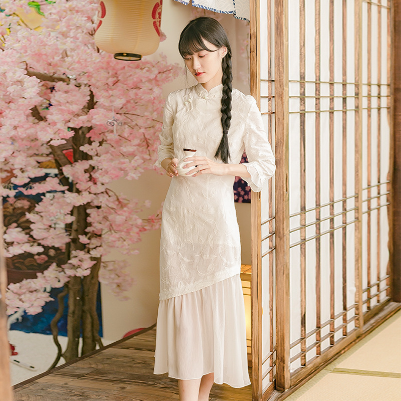 Yimo 2019 Spring and Summer New Embroidered Cotton Mid-long Sleeve Chiffon Hem Embroidered Long Dress