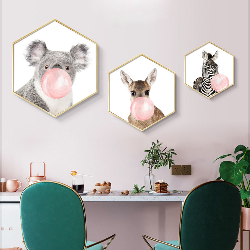 現代簡約客廳兒童房臥室創意六邊形裝飾畫北歐粉紅綠氣球可愛動物