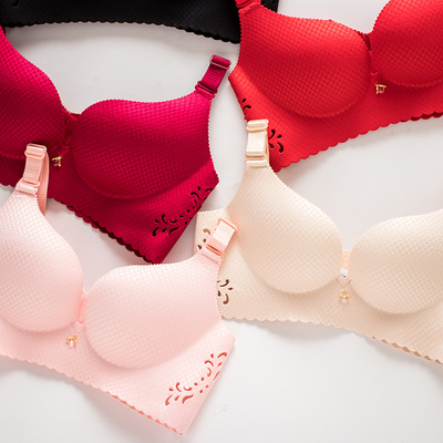 无痕无钢圈文胸半件围方格聚拢提花一片式性感胸罩女士内衣厂家|ms