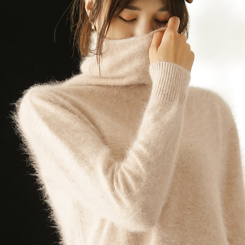 Women's Autumn/Winter Mink Cashmere Sweater, Short High Neck Pullover, Solid Color Wool Knit Sweater, Turtleneck, Slim Fit Base Layer Sweater