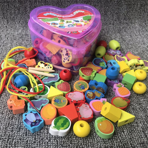 Love box beaded wooden early education infant hand-eye coordination toy beaded fruit animal threading beads