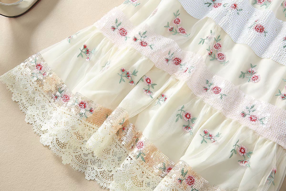 1219-05 珠片绣小花连衣裙码数SMLXL颜色蓝色杏粉色