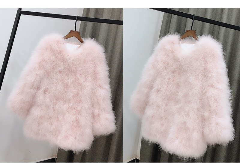 Women 100% Real Ostrich Feather Fur Mid Long Trench Coat Winter