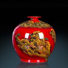 景德镇陶瓷器手绘中国红色花瓶插花中式客厅办公室装饰品摆件礼品