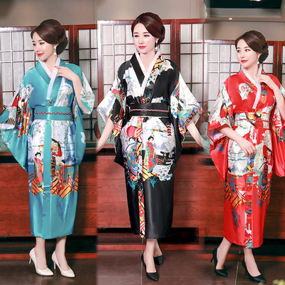 Satin pajamas Japanese Kimono Women's mid-sleeve bridal dressing gown anime drama stage performance night gown bathrobe