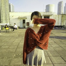 外贸性感露背针织衫女秋季宽松V领长袖钉珠套头毛衣女士打底上衣