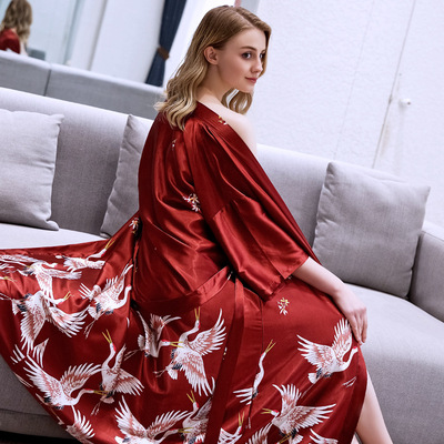 睡衣女春秋夏季冰丝性感睡袍薄款夏天丝绸结婚礼浴袍伴娘新娘晨袍|ms