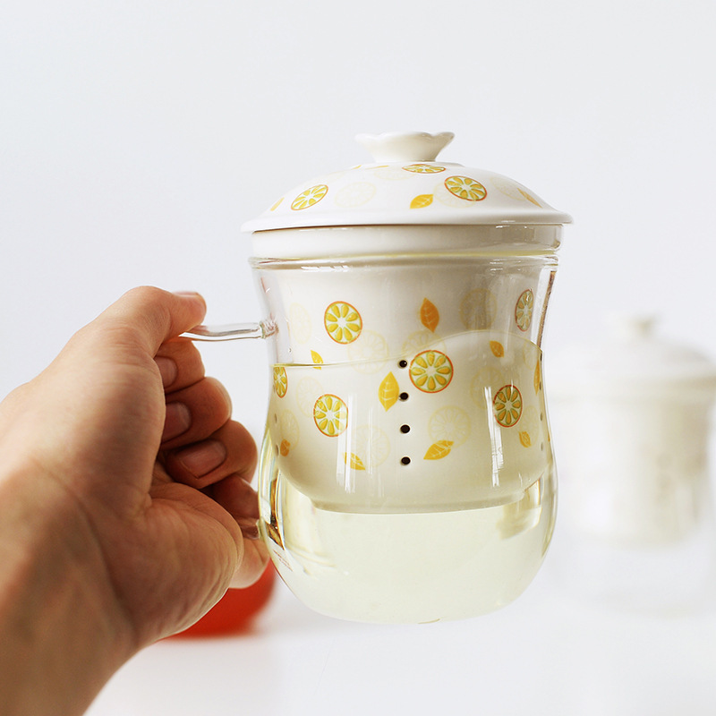 Taza de té original Taza transparente Taza de vidrio resistente a altas temperaturas Taza de té de separación de agua Taza de oficina Taza de cerámica con tapa