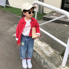男女童裤子拼色水洗加绒加厚牛仔裤长裤26冬装新款外贸童装代发