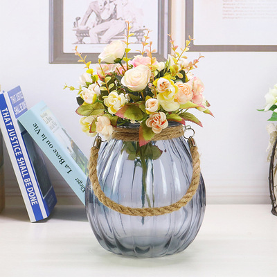 廠家直銷北歐簡約創意飾品擺件家居透明麻繩彩色玻璃花瓶