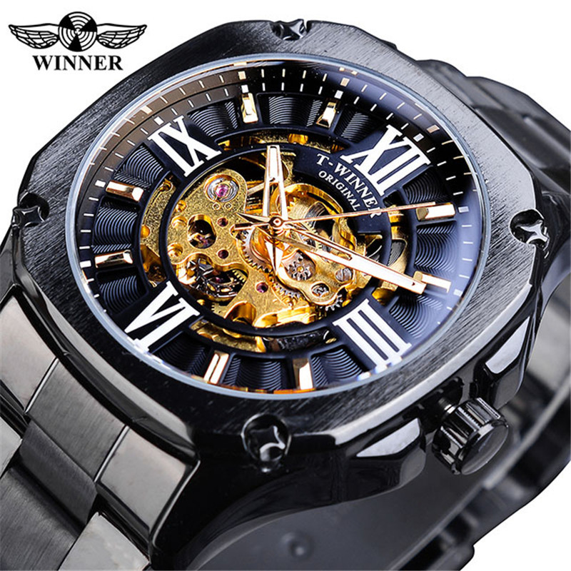 WINNER correa de acero casual para hombres reloj mecánico automático cuadrado hueco transparente inferior moda reloj mecánico Oro