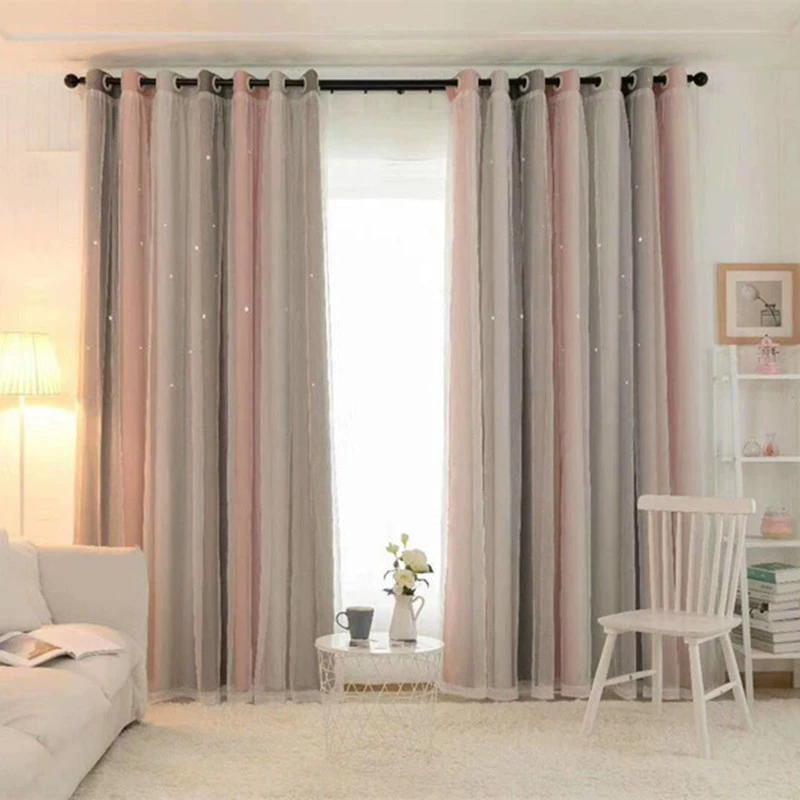 Gradient hollow star blackout curtain fabric bay window