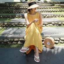 CSM棉麻连衣裙女韩版过膝长款无袖娃娃裙bf学生宽松大码背带裙潮