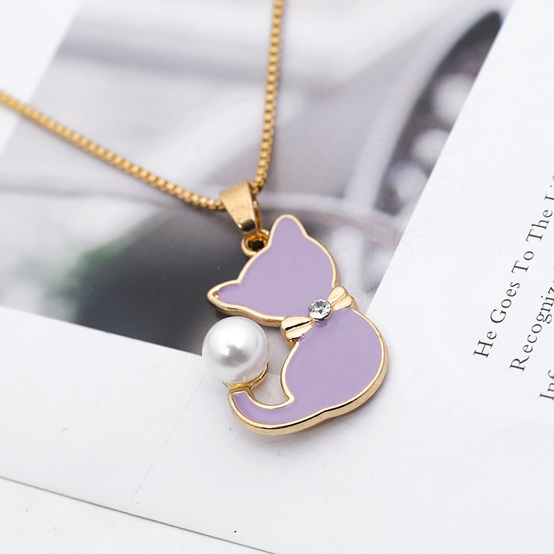 Necklace Clavicle Chain Wild Cute Cartoon Alloy Dripping Pearl Cat New Clavicle Chain Wholesale Nihaojewelry display picture 6