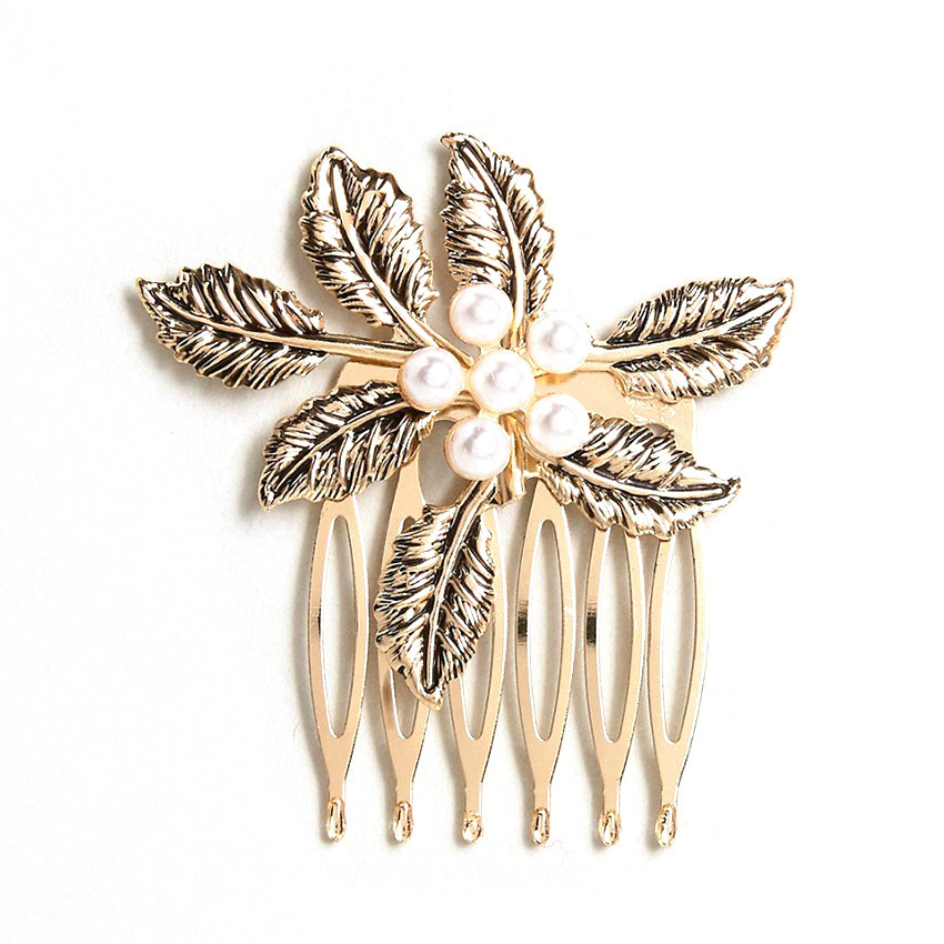 New Retro Diamond Hair Comb Inserted Comb Leaves Pearl Fashion Hairpin Wholesale display picture 1