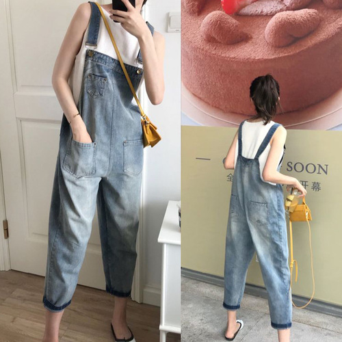 Overalls for women Korean style loose 2024 new spring internet celebrity age-reducing ripped pants slimming high waist wide leg jeans