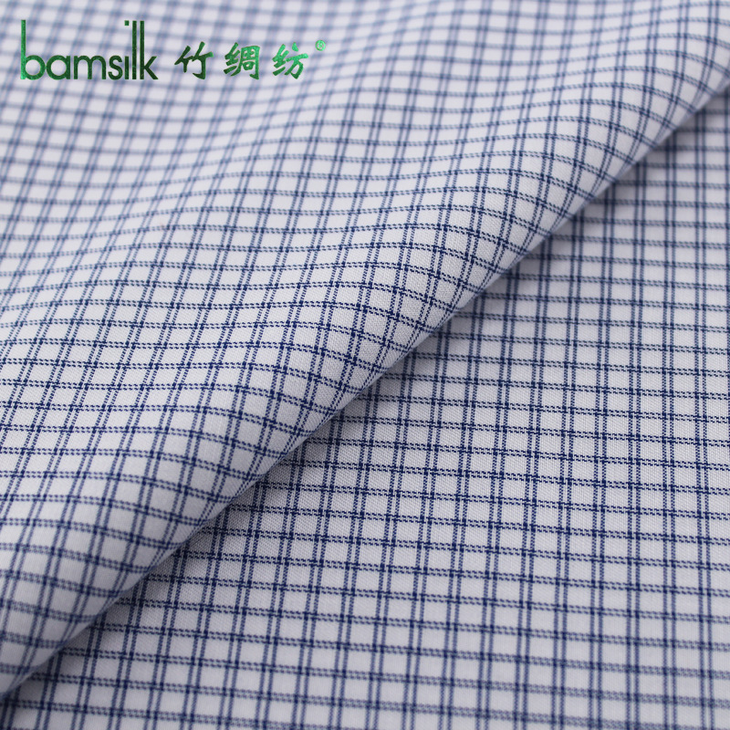 现货小格子衬衫面料 色织 真竹纤维男士免烫衬衫布短裤服装面料