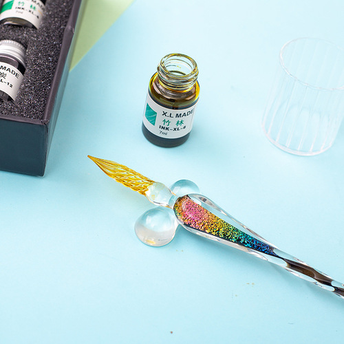 Crystal Glass Pen Water Pen Gift Box Gold Powder Color Ink Signature Pen Set Drawing Test Color Pen Gift Glass Pen