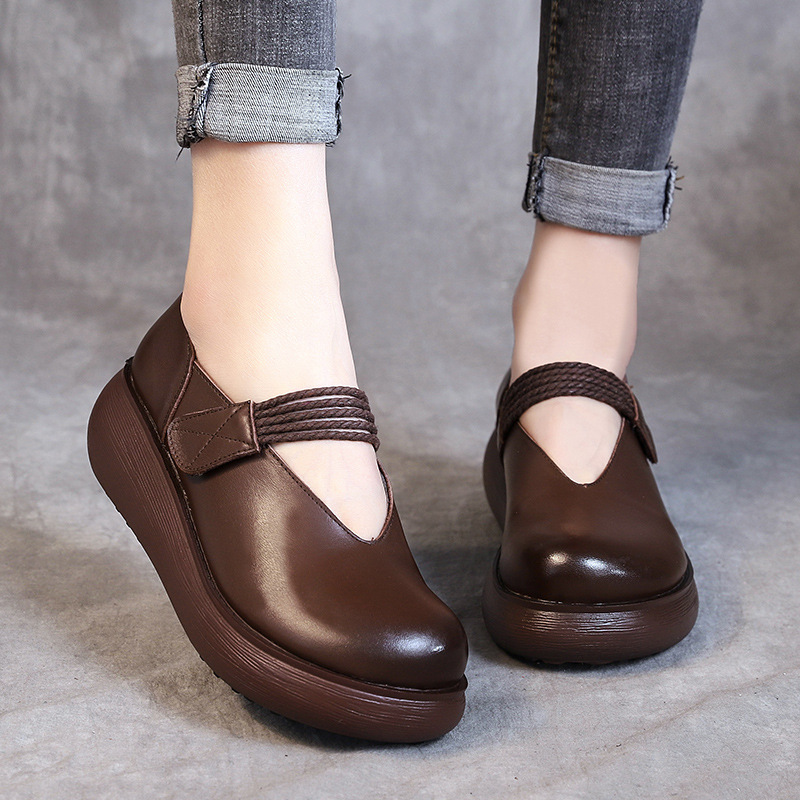 Leather retro ethnic shoes platform with velcro with chunky sole