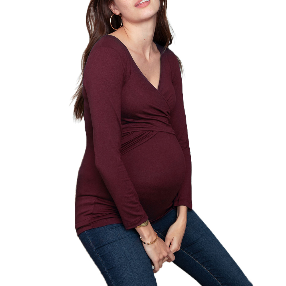 Deep V Neck Long Sleeve Printed/Solid Color Breastfeeding Maternity Wear NSHYF116739