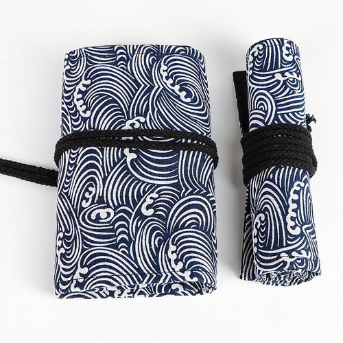 Small wave and wind print canvas pen pouch, 24, 36, 48, 72 holes large capacity rolling pencil case sketch colored pencil box
