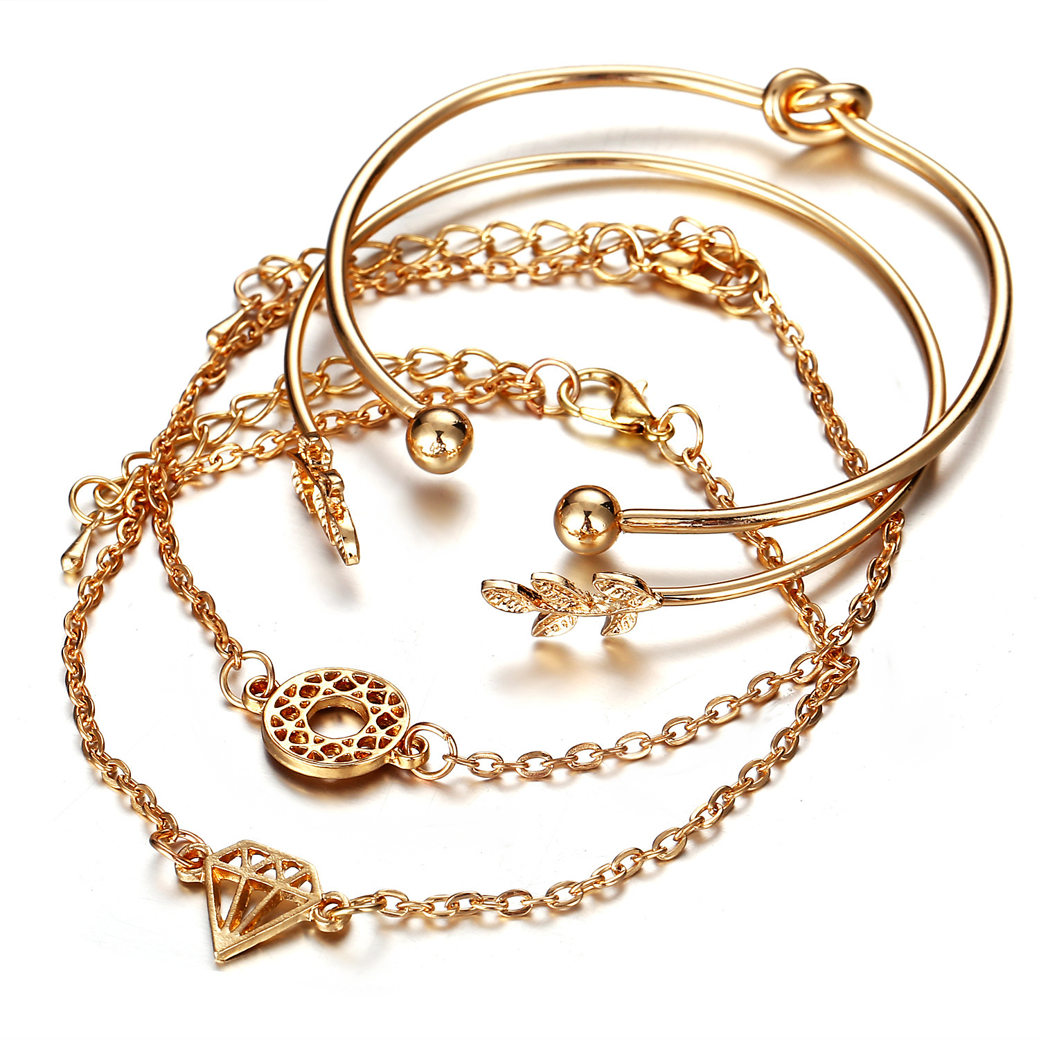 Transfronterizo europeo y americano joyería popular personalidad de la moda hoja abierta pulsera de cuatro piezas conjunto de joyas al por mayor