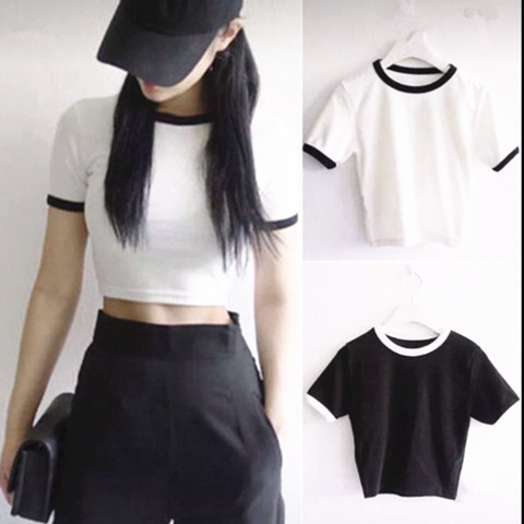 White short summer T-shirt with a round collar
