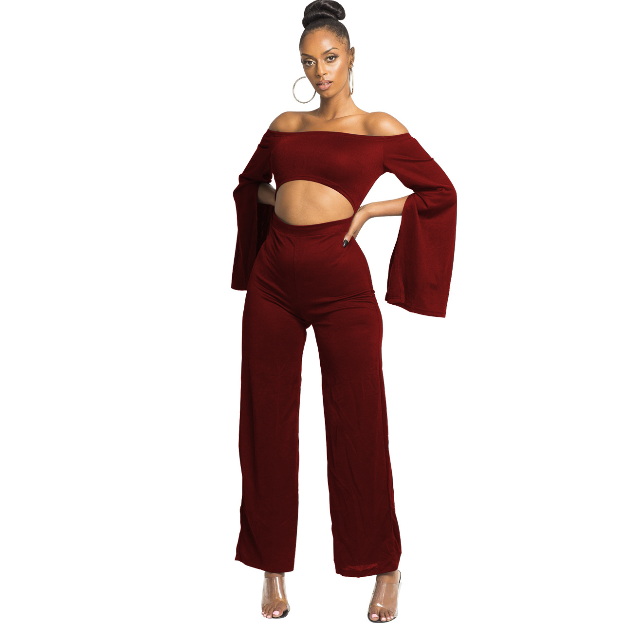 Boutique Casual Solid Color Long Sleeves Cropped off Shoulder Jumpsuit