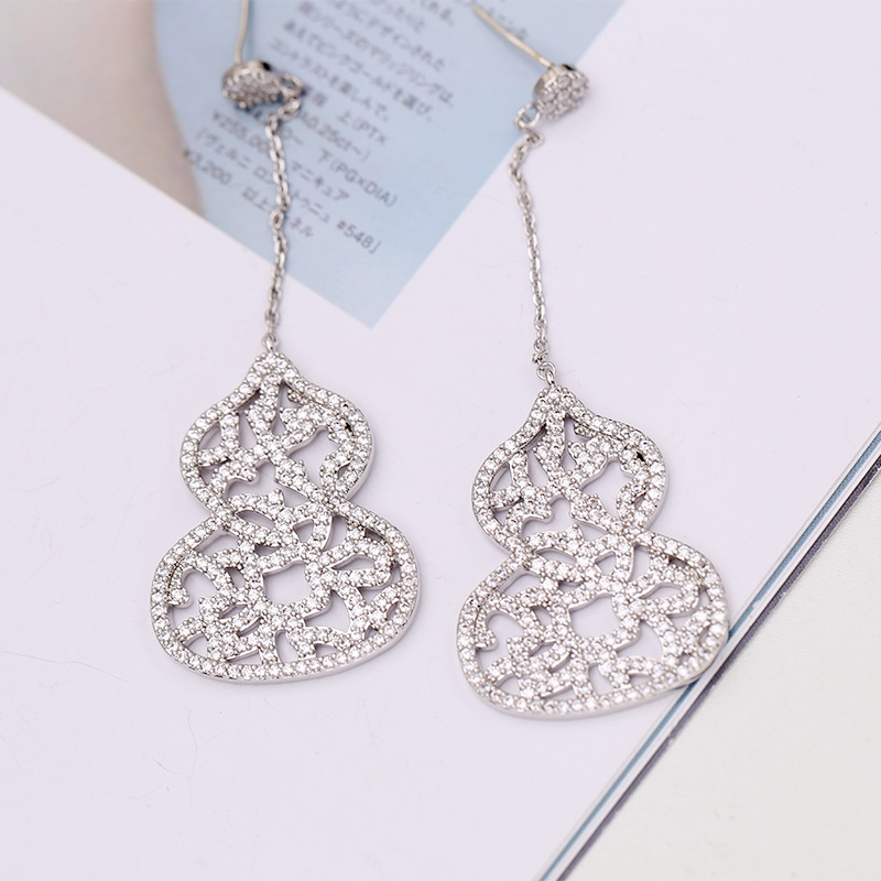 Earrings Large Gourd Long Silver Needle Earrings Lace Hollow Earrings Zircon Long Earrings Wholesales  Fashion display picture 7