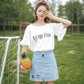 跨境款2019夏季刺绣t恤女短袖韩版 学生喇叭袖荷叶边上衣