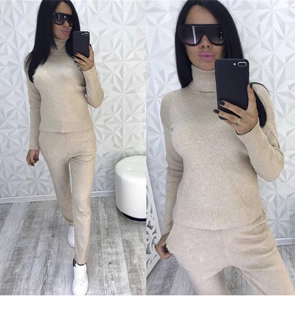 Knitted High Collar Top Trousers 2 Piece Set NSJXW105060