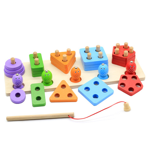 Wooden geometric shape five sets of columns fishing baby intelligence development color cognitive building blocks 0.6