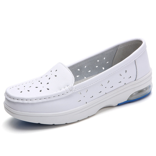  Nurse Shoes for Women, Soft Sole, Summer, Breathable, Casual, Flat Design, Comfortable—2019 New Arrival, Summer Style, Hollowed-Out Cowhide in White