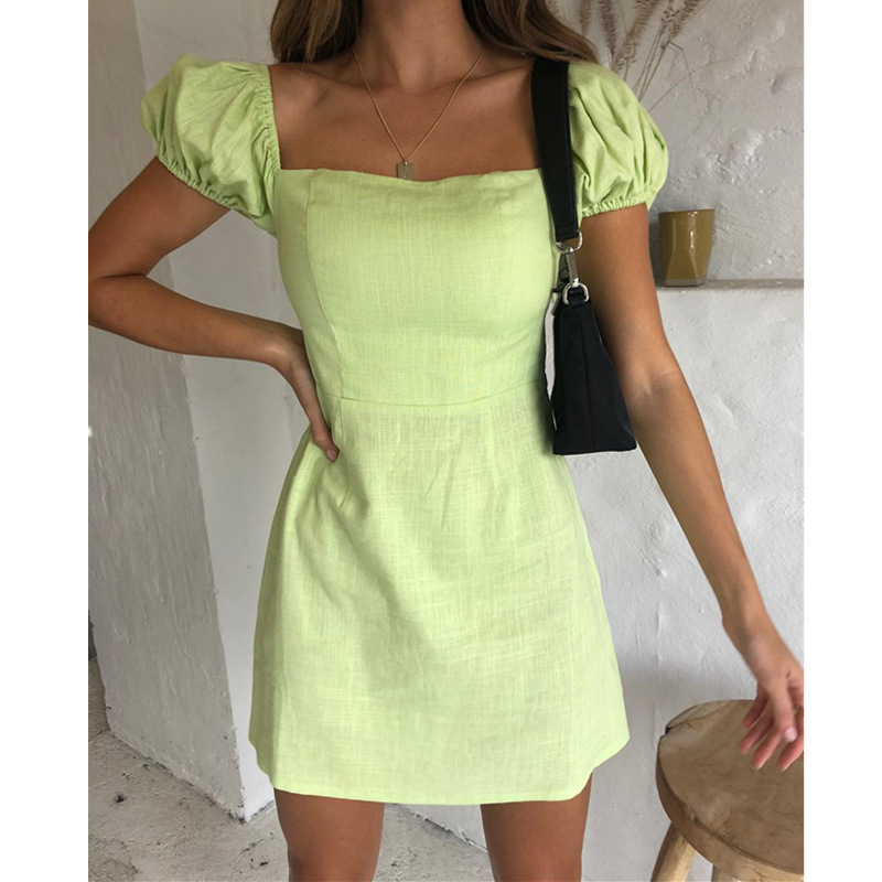 Short-Sleeved Square Neck Solid Color Dress NSBJD111966