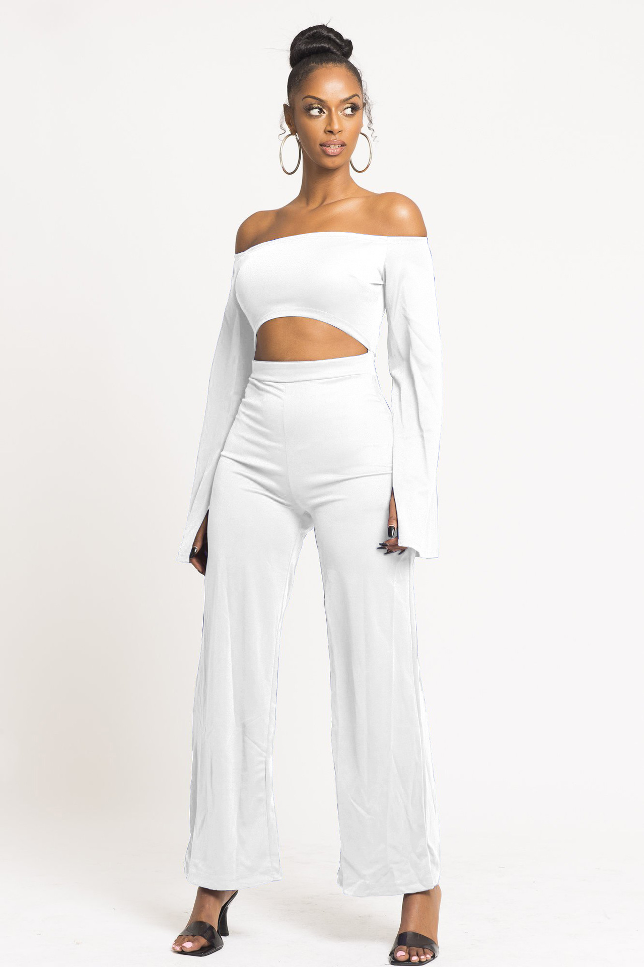 Boutique Casual Solid Color Long Sleeves Cropped off Shoulder Jumpsuit