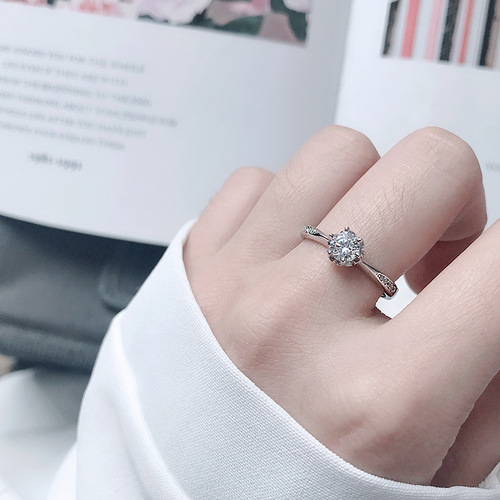 Living diamond ring s925 sterling silver proposal ring chic Korean version six-claw single ring couple ring women's silver ring jewelry
