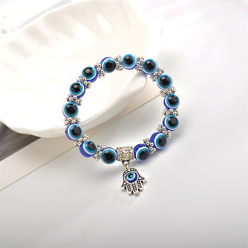 Retro Blue Eye Fatima's Hand Beads Bracelet display picture 3