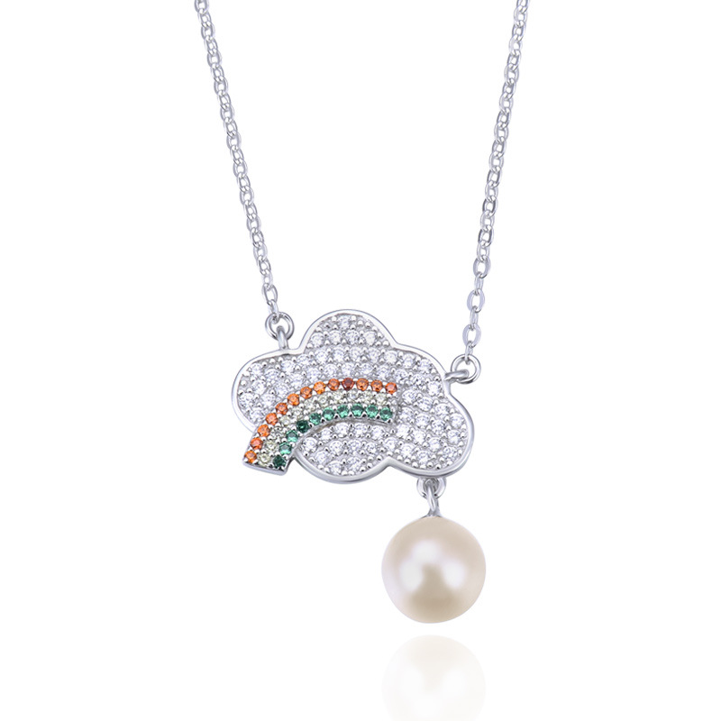 S925 plata diamante del arco iris collar de perlas de las mujeres de estilo coreano dulce fresco joyería de moda de color colgante de diamantes cadena de la clavícula