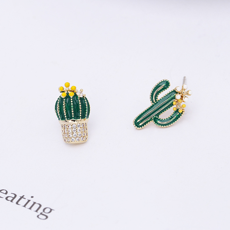 New Asymmetric Sterling Silver Needle Micro Inlaid Zircon Temperament Earrings Cactus Earrings Painted Earrings display picture 10