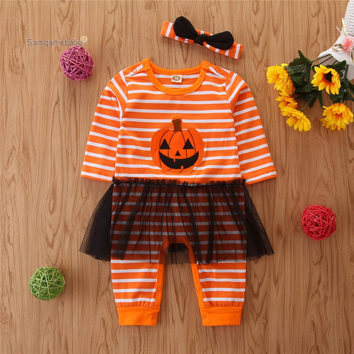 Samgamibaby Brand Fashion Baby Long Sleeve Onesie Halloween Baby Striped Mesh Top Hat
